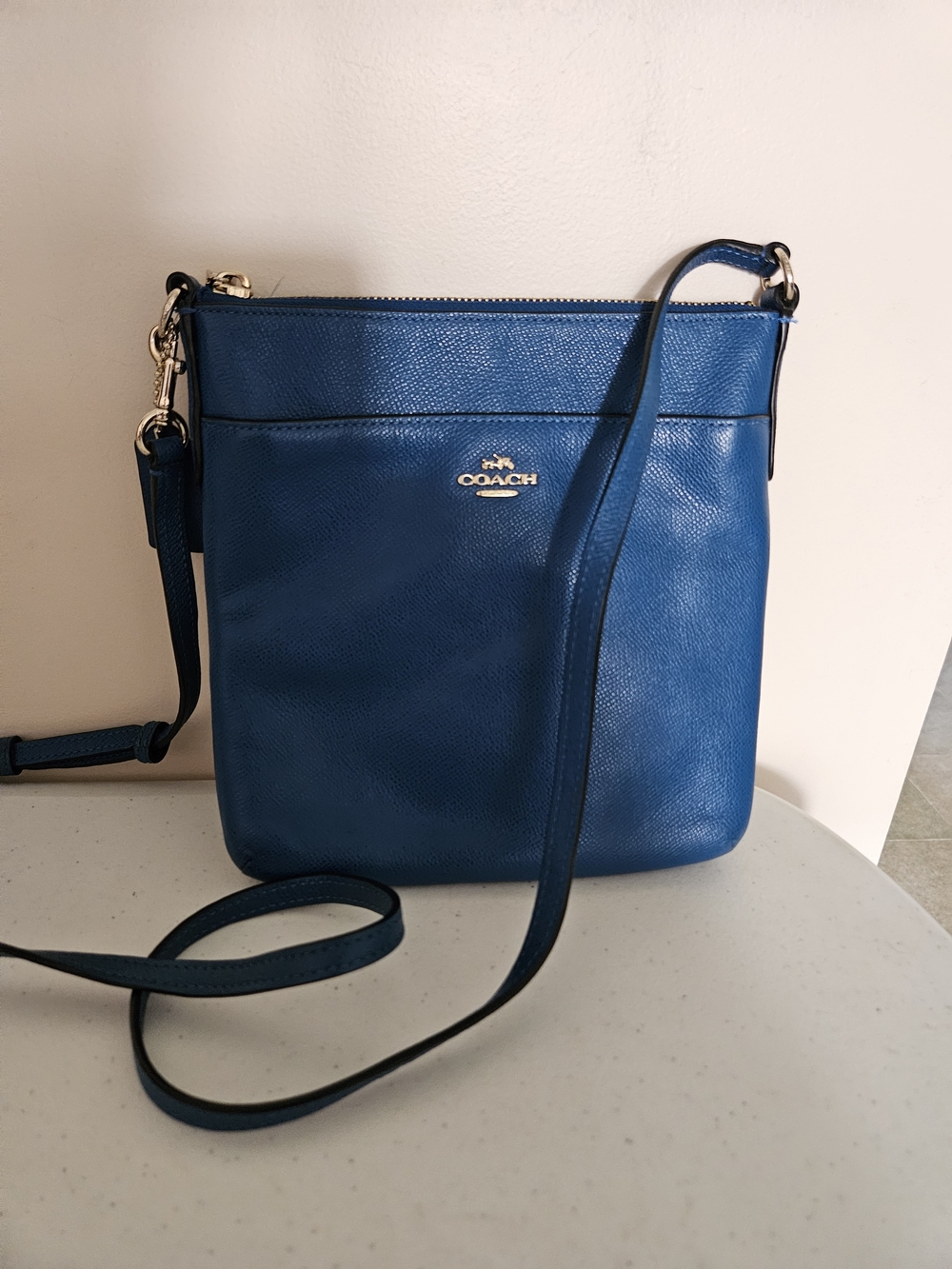 Coach Blue Pebbled Leather Crossbody Bag with Gold Accents